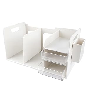 Voocye 卓上 収納ラック デスクシェルフ 机上ラック デスクオーガナイザー デスク上収納ラック 卓上本棚 引き出し 収納 小物入れ ペン立て付き 組み立て不要 (ホワイト)