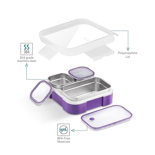 Image of VAYA Tydbyt Stainless Steel Lunch Box for Kids Girls & Boys, 650 ml, 3 Stainless Steel Containers, School Tiffin Box, BPA-Free, Durable & Easy to Carry, Purple