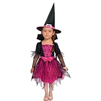 A2Z 4 Kids Girls Halloween Witch Costume Dress with Hat Pink and Black Lace Fancy Dresses - Witch Costume 6-8