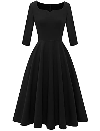 Dressystar Women's Tea Dress Vintage Swing Cocktail Dress with Pockets A-Line Midi Party Dress Audrey Hepburn Style Modest Aline Formal Dress with 3/4 Sleeve 0088 Black L