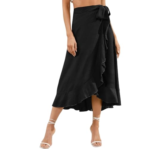 ODIZLI Women's Wrap Skirt High Waist Irregular High-Low Hemline Tie Waist Ruffle A-line Midi Skirt