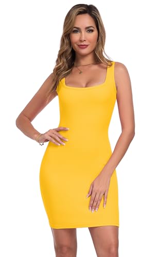 Image of Qaffier Summer Dresses for Women Sexy Mini Dress Ribbed Knit Fitted Square Neck Bodycon Party Club Tank Dresses