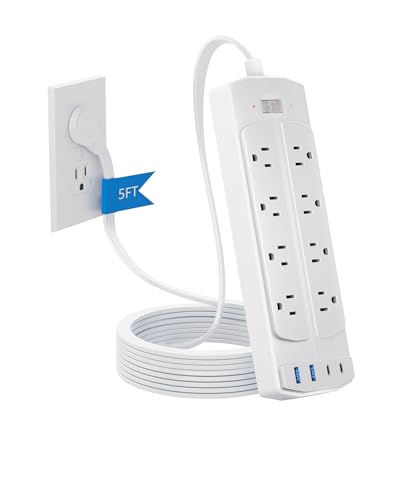 Image of Flat Plug Power Strip, Yozisital Extension Cord with 8 AC Outlets & 4 USB Ports (2 USB-C), 5 FT Power Cord, Wall Mount, Desk Charging Station for Home Office, White