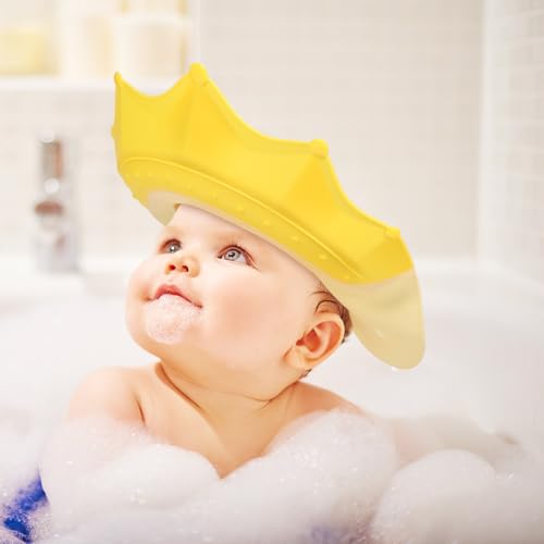 Image of Baby Shower Cap Adjustable Toddler Hair Washing Shield Soft Silicone Bath Visor Protects Eyes and Ears for Kids with Cute Crown Design