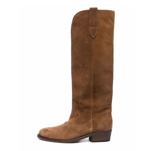 FYS Women's Round Toe Knee High Boots Chunky Block Low Heel Western Boots Pull on Embroidered All Season Shoes Size 4-16 US2