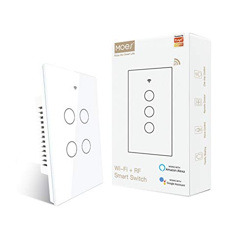 MOES 2.4GHz WiFi Wall Touch Smart Switch Neutral Wire Required, 3 Way Multi-Control, Glass Panel Light Switch Work with Smart Life/Tuya App, RF433 Remote Control, Alexa and Google Home White