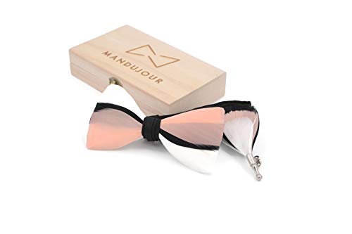White Black Peach Feather Bow Tie And Lapel Pin Set - Handmade Bow Ties From Authentic, 100% Natural Bird Feathers #TOP1