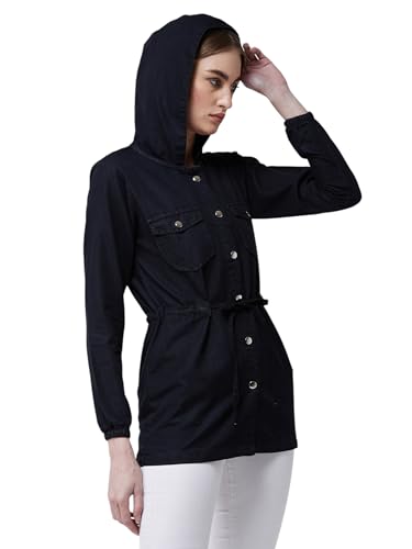 Image of Miss Chase Women's Polo Neck Full Sleeves Patch Pocket Denim Overcoat Knee-Length Jacket