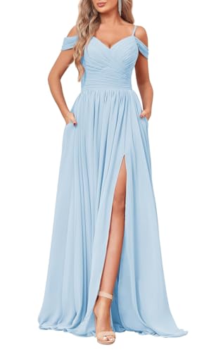 YIANN Schulterfreies Brautjungfernkleid für Damen, mit Taschen, Seitenschlitz, Chiffon, langes formelles Kleid, hellblau, 44