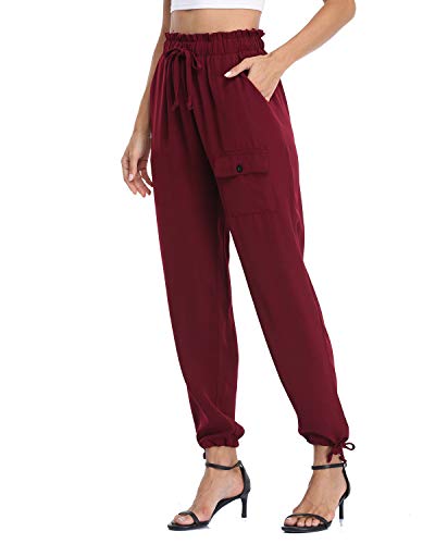 andy & natalie Women\'s Elastic Waist Cargo Drawstring Pants Paper Bag Pockets Ankle Tie Jogger Sweatpants Trouser Wine Red