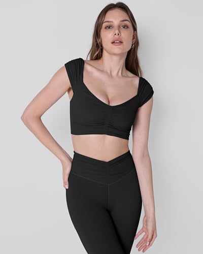 ODODOS Ruched Front Crop Tank for Women V-Neck Cut Out Back Cap Sleeve Cropped Tops4
