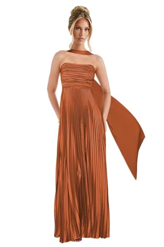 Satin Halter Bridesmaid Dresses for Women Strapless A Line Prom Dress 2025 Ruched Long Formal Gown with Scarf4