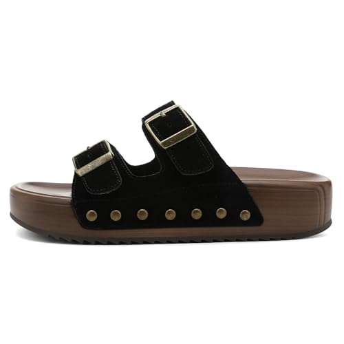 Image of UBFEN Womens Platform Slide Sandals | Real Leather,Buckle Sandals with Cushioned Flatform Footbed,Comfortable for Walking,Arch Support,Casual Styling