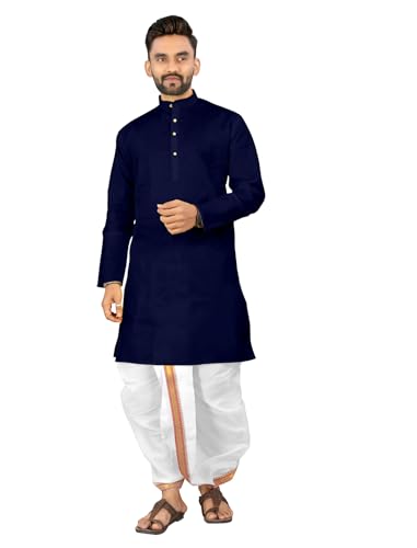 Image of UNIQUE MOMENTS Men's Cotton Dhoti Kurta Set with Full Sleeves Solid Pattern Modern Style and Mandarin Collar Neck | Perfect for Puja & Celebrations