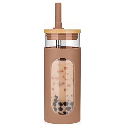 Tronco 20 oz Glass Tumbler with Lid & Straw, Reusable Iced Coffee Cups and Smoothie Cup with Bamboo Lid for Boba Tea, Coffee, Juice, BPA-Free Borosilicate Glass Cup for Home, Office & Gifts