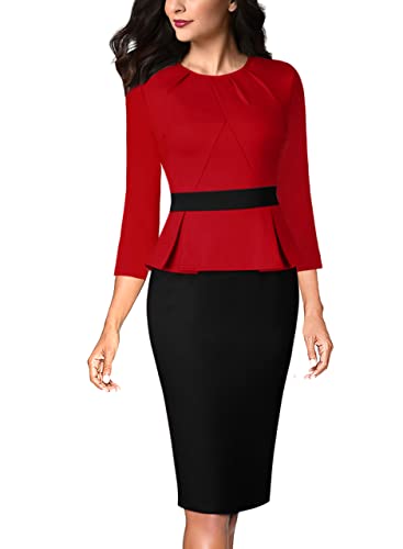 Image of VFSHOW Womens Pleated Crew Neck Peplum Slim Work Business Dress Elegant 3 /4 Sleeves Office Church Bodycon Pencil Sheath Dress
