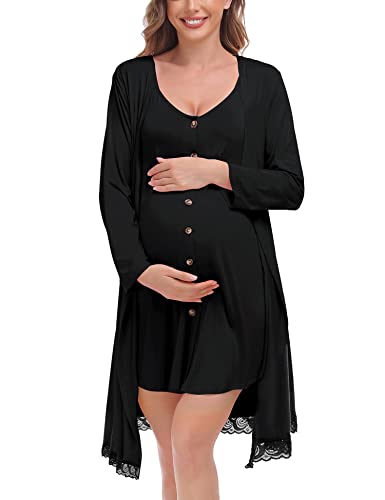 Image of SWOMOG Womens Maternity Nursing Nightgown and Lace Robe Set 3 in 1 Labor Delivery Button Down Nursing Dress 2 Piece Sleepwear