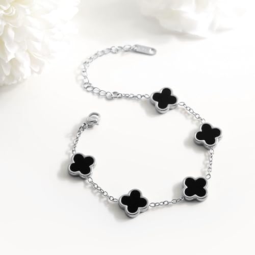 18K Gold bracelets for women Clover Bracelet Set 2Pcs White Flower Bangle Bracelet Lucky Four Leaf Stackable Bracelets Jewelry Gifts Trendy for Women non Tarnish2