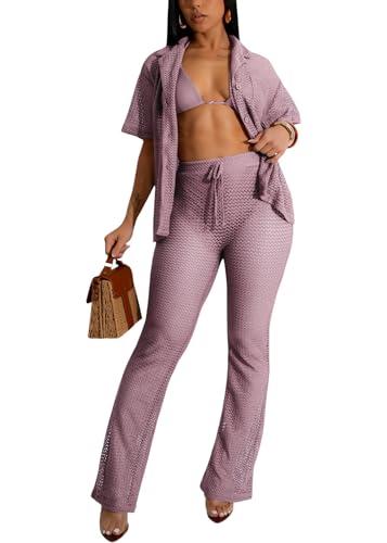 Women's Fashionable 2-Piece Beach Ensemble-Hollow Out Button Top and Drawstring Pants