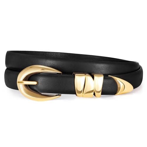 XZQTIVE Women's Skinny Leather Belts Ladies Thin Waist Belts for Jeans Dress Pants Trendy Black Belt with Gold Buckle