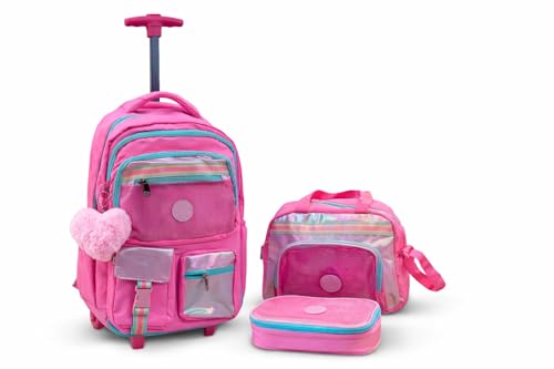 Kit Mochila Menina Infantil de Rodinha com Lancheira e Estojo Grande Escolar Ideal para Passeios Viagens Furta Cor Holografico (Rosa)