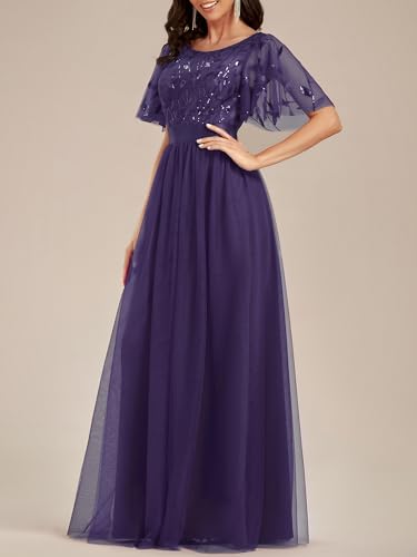 Image of Ever-Pretty Sequin Formal Prom Dresses for Women Ruffle Sleeves Empire Waist A-Line Long Mother of Bride Dress 00904