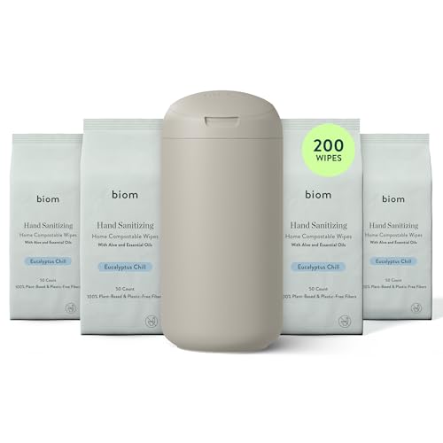 Biom Hand Sanitizing Wipes Starter Kit - 4pk(200 Total) Eucalyptus Scent Wipes + Refillable BPA-Free Dispenser-Biodegradable All Natural Plant-Based Non-Toxic Wet Wipes with Aloe for Soft Skin