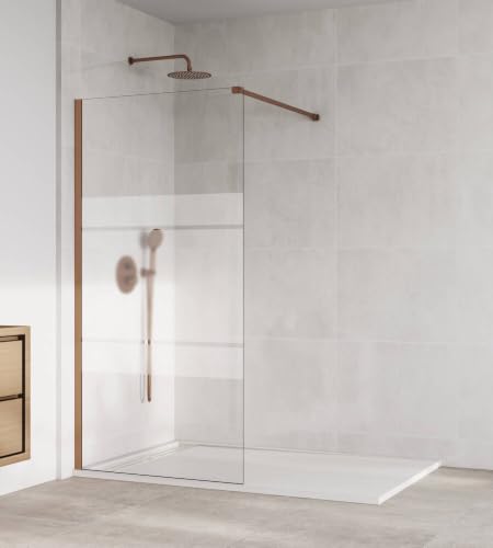 GME   Mampara Ducha Fija 80cm Frontal Oro Rosa Cepillado con Brazo de Sujeción | Mampara de Cristal Antical y Perfilería de Aluminio con 195cm de Altura | Vidrio con Grosor 8mm