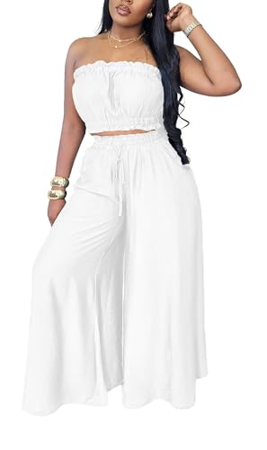 2 Piece Sets for Women Summer Outfits Wide Leg Pants Set and Sexy Crop Tops Casual Jumpsuits Rave Outfits White S