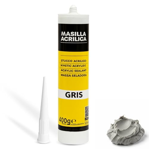 Masilla Acrílica Gris, Ideal adherencia sobre soportes absorbentes, secos y limpios, Masilla lista al uso, Rellenadora de agujeros, Formato cartucho para pistola, Color Gris, Contiene 400 gramos