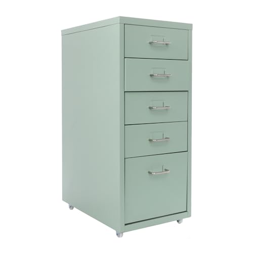 Schubladenschrank Rollcontainer mit 5 Schubladen, Aktenschrank Metall Büroschrank Rolladenschrank Schreibtisch Unterschrank Bürokommode für Akten, Dokumente 28x41x69cm Grün