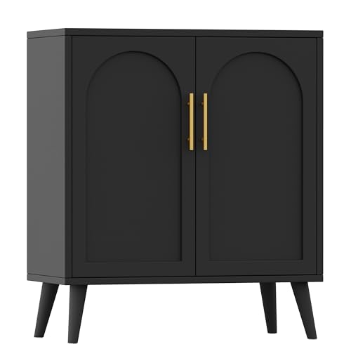 Comparison: Best Cabinet Color For Black Appliances 3 Rovaurx Rattan Storage Cabinet with Doors, Accent Bathroom Floor Cabinet, Modern Sideboard Buffet Cabinet for Living Room, Entryway, Dining Room and Kitchen, Black BMGZ108B
