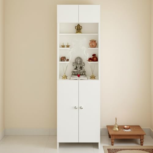 Image of FURNEASER Shivika Engineered Wood Pooja Mandir for Home | Modern Design Temple for Home & Office | Puja Stand Shelf | Prayer Cabinet Shelf (White)