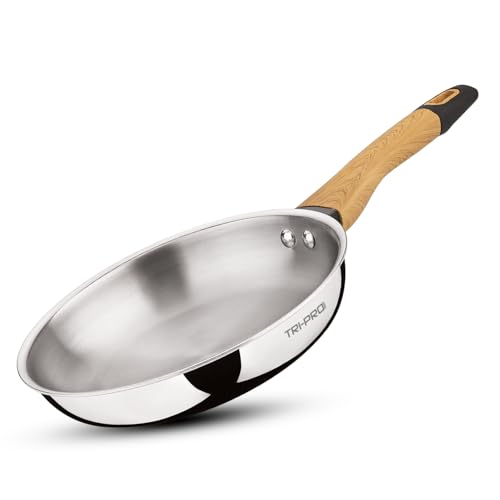 Image of TriPro Triply Stainless Steel 24cm Frypan with Wooden Soft Touch Handle, Triply Frying Pan for Cooking, Consumes Less Oil, Healthy Cooking, Even and Faster Heating - Induction and Gas Stove Ready