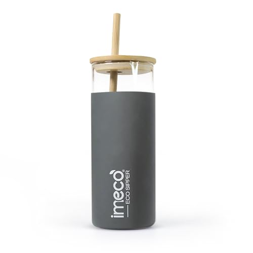 Image of IMECO ECO Sipper Glass Bottle with Bamboo Lid & Straw 450ml | Borosilicate Glass Tumbler | Leakproof & BPA-Free | Reusable, Non-Toxic & Lightweight | Ideal for Milk, Coffee & Tea - Grey