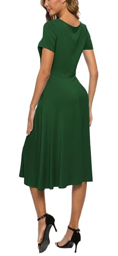 Image of EXCHIC Women's Casual Round Neck Short Sleeve Midi Dress Solid Stretchy Waist Knee Long Dress