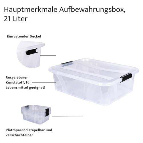 Aufbewahrungsbox + Deckel L 51 x B 38,5 x H 14,8 cm - 21 Liter transparent stapelbar | Transportbox transparent | Lebensmittelbox lebensmittelgeeignet | Kunststoffbox Lagerbox stapelbar