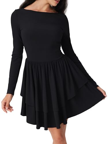 Women Boat Neck Long Sleeve Ribbed Tiered Ruffle Skater Mini Party Cocktail Dress4