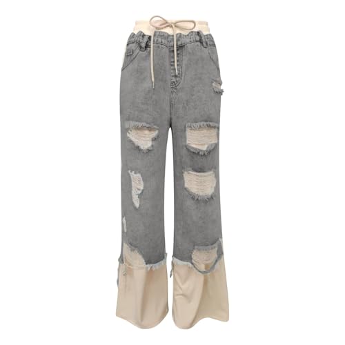 Women's Stitching and Ripped Design 2025 Drawstring Stretch-Waistband Wide-Leg Panelled Jeans4
