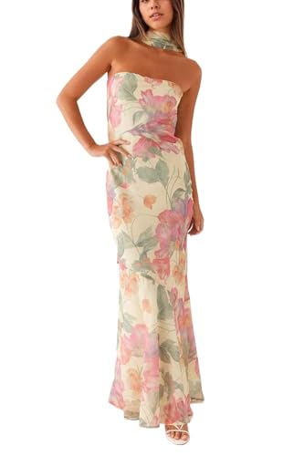 Ceputer Women Floral Strapless Maxi Dress Sexy Backless Flowy Bodycon Tube Long Dress with Scarf Yellow