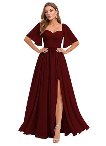 A Line Chiffon Bridesmaid Dresses for Women Pleated Flutter Sleeve Long Formal Evening Gowns with Slit