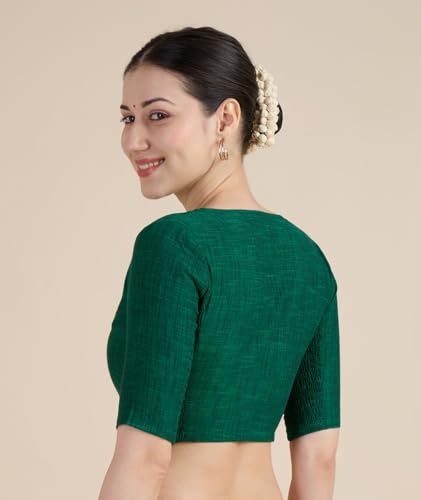 Image of Studio Shringaar Women's Handloom Cotton Side Stretchable (Smocked) Readymade Saree Blouse with Crochet Neckline