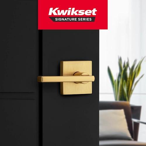 Image of Kwikset Halifax Interior Square Passage Door Handle, Lever for Closet and Hallway Doors, Reversible Non-Locking Handle Lever, Satin Brass 4 Pack