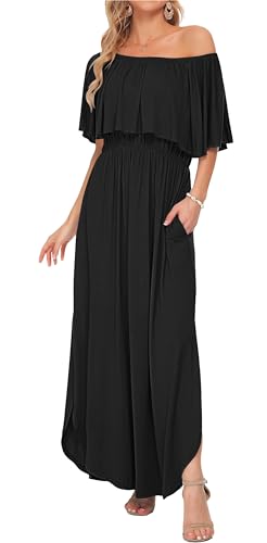 AUSELILY Womens Off The Shoulder Dress Summer Casual Long Ruffle Party Side Split Beach Maxi Dresses with Pockets Black M