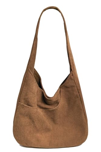 Image of Corduroy Fabric Shoulder Bag Retro Hobo Bag Casual Tote Bag | Multiple Pockets / Wide Strap / Foldable Purse