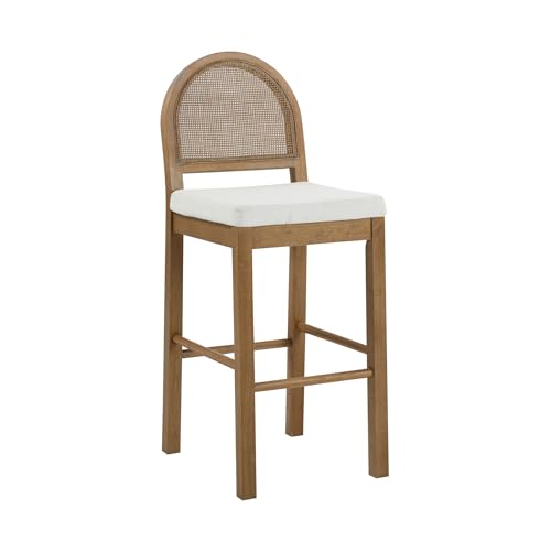 Image of Nathan James Bailey 29 in. Boucle Bar Stool with Back, Bar Height Chair with Natural Woven Rattan Back and Solid Wood Legs, Light Brown