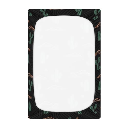 Image of Cactus Plant and Mountain Black Fitted Crib Sheets Stretchy Portable Playard Sheets for Baby Toddler, Breathable Soft Mini Crib Mattress 52 x 28 in for Boys and Girls
