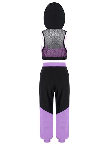 Kids Girls Sports Outfit Color Block Hoodie Mesh Vest With Builtin Top And Elastic Pants Set4