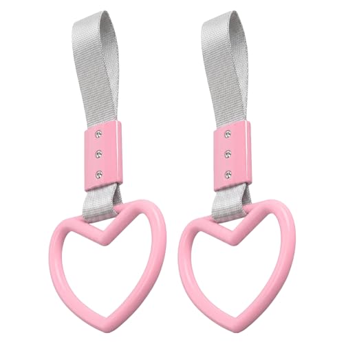 Image of 2PCS Heart Shaped Car Handle Straps, Rear Bumper Warning Keychain Ring for Car Exterior Accessories (Pink-Silver)