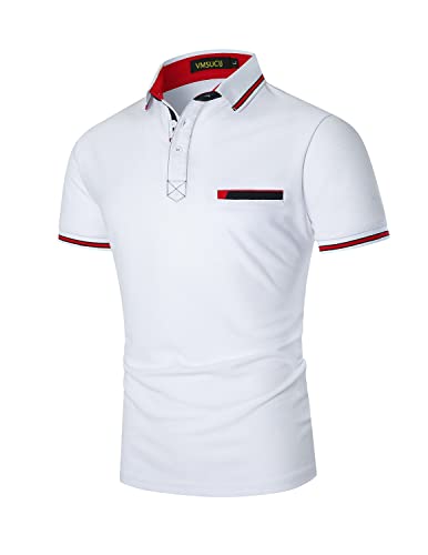 VMSUCIJ Polo Homme Manches Courtes Encolure Filetée Contrastante Classique T-Shirt S-XXL,Blanc,M Cover